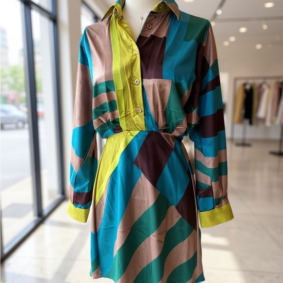 NWT Express Women’s Silk Multicolor Geometric Shirt Dress with Cinch Waist - XS - Picture 1 of 7